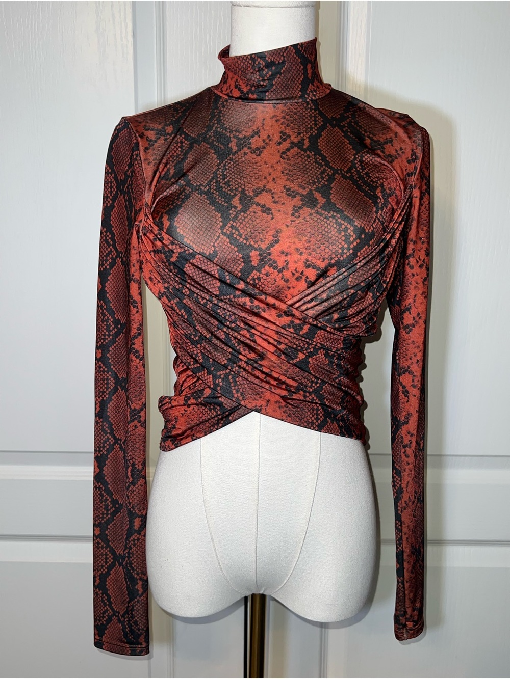 Topshop Red & Black Snake-Print Long Sleeve Crop Top